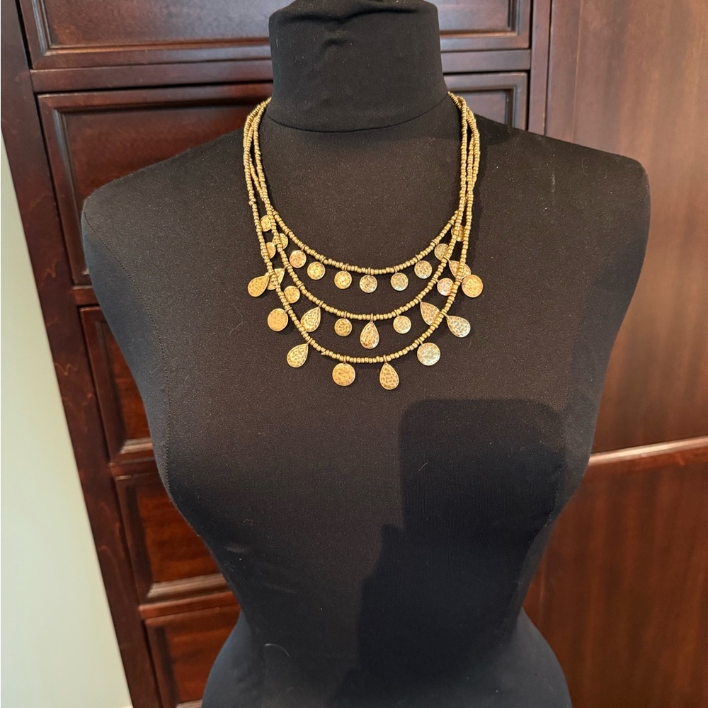 Chico’s Tri-level Beaded Necklace with Hammered Metal Dangling Details NWOTS